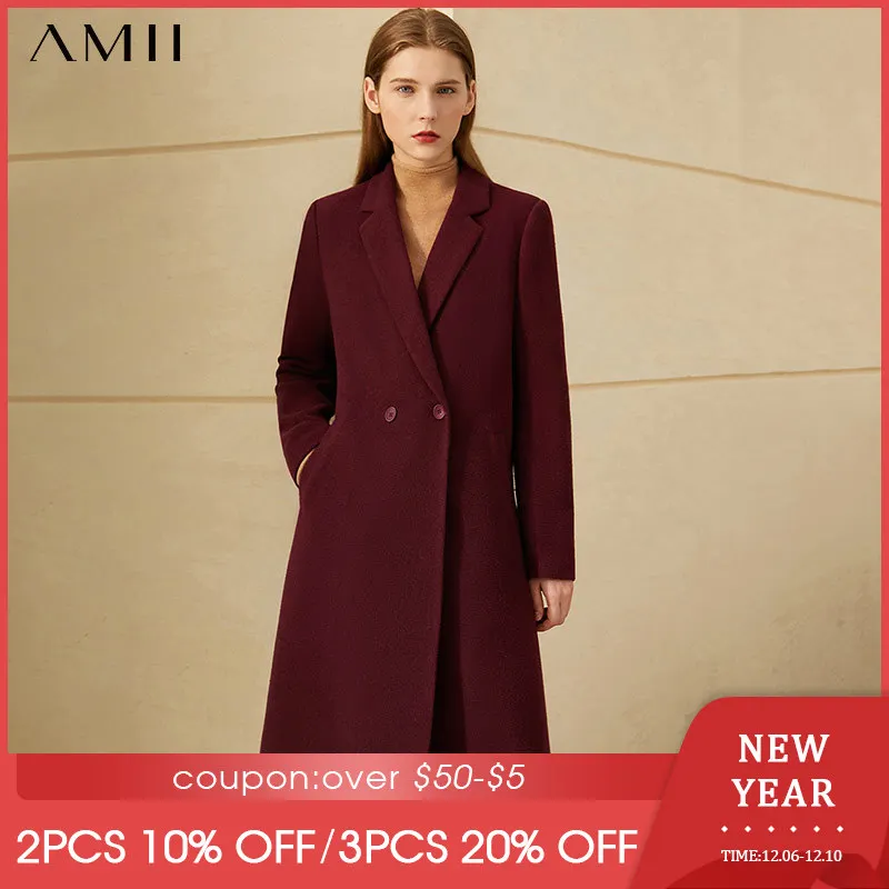 

Amii минималистская Зимняя шерстяная куртка, женские элегантные шерстяные куртки, однотонная длинная куртка, женская верхняя одежда, Женское...