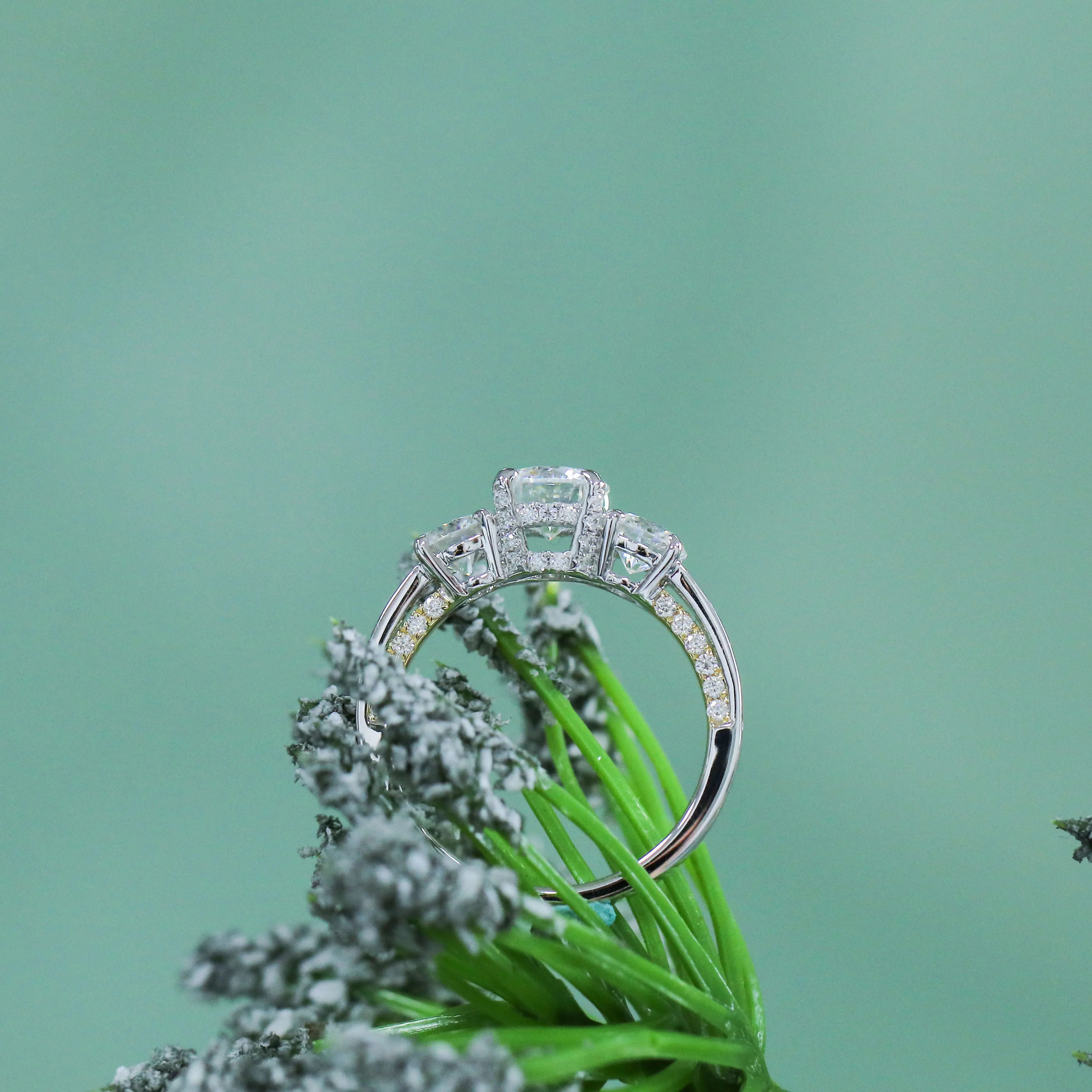 Transmems 14K 585 Белое и желтое золото 2CTW Центр 6,5 мм цвет GH Moissanite 3 Камень Обручальное кольцо для женщин с акцентами