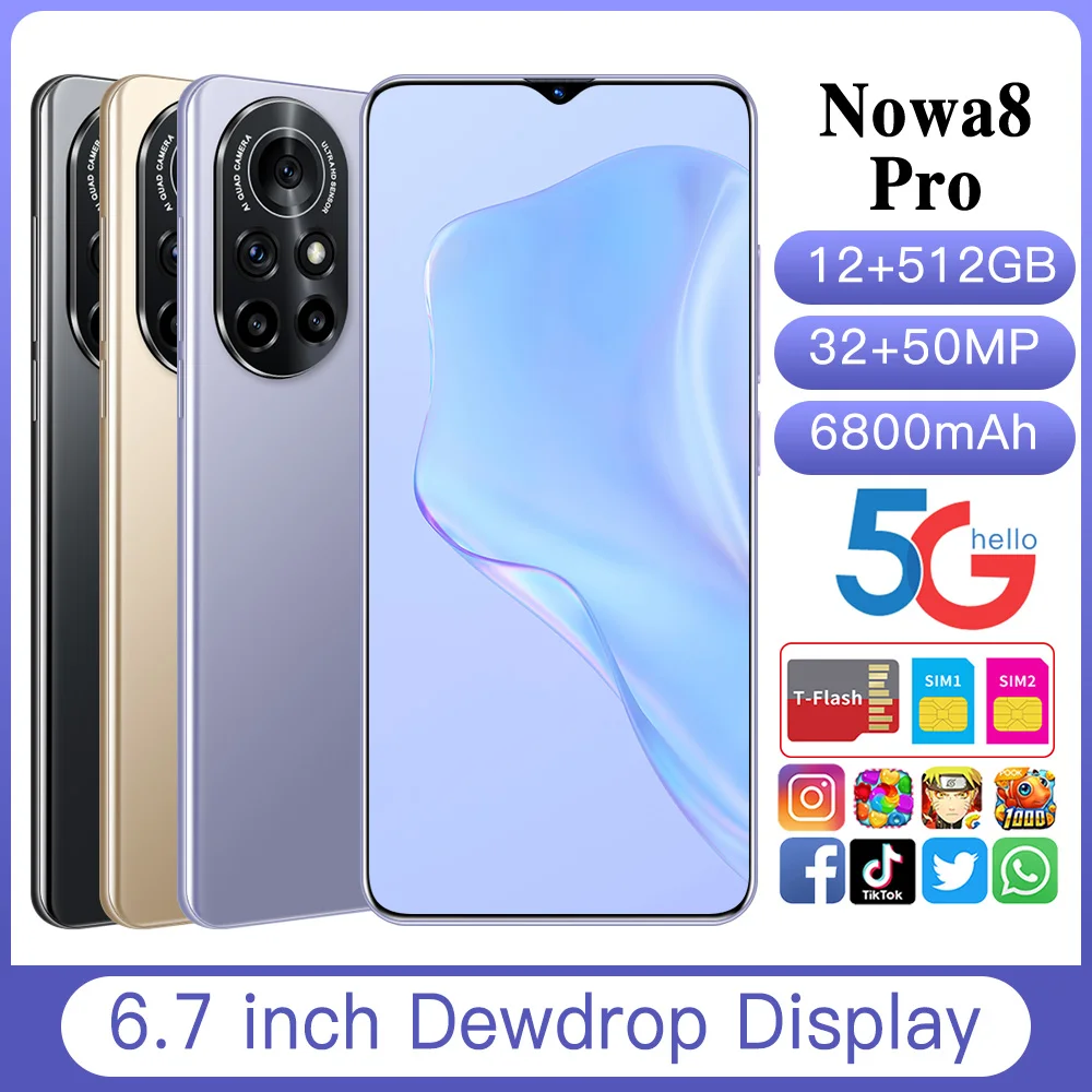 

Nowa8 Pro Smartphone Android 6.7in Big Screen Dewdrop Display MTK6889 Deca Core 6800mAh 12+512GB 32+50MP Unlocked Cell Phones
