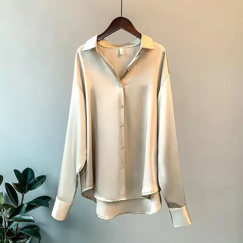

Satin Solid Women White Shirts Summer New Design 2021 Turn-Down Collar Straight Elegant Office Lady Outwear Blouse Tops
