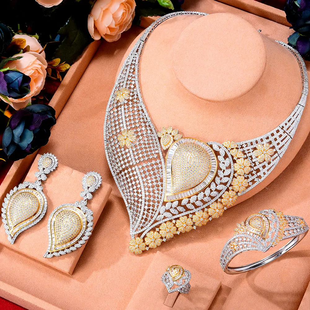 

GODKI супер большой роскошный набор из 4 предметов с цветами в виде листьев, Африканский кубический цирконий, набор украшений для женщин, Сваде...