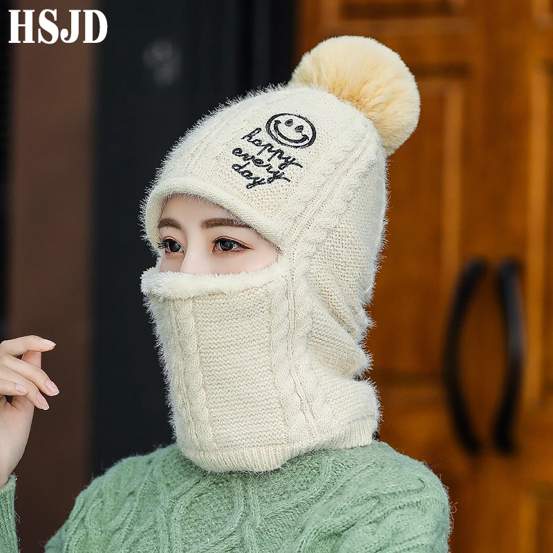 Women Winter Cashmere Balaclava Mask Knitted Hats Cute Smiling Face Knit Thick Skullies Beanie Warm Hat Outdoor Female Snow Cap |