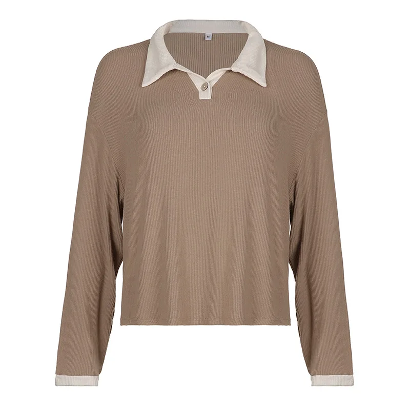 

Autumn Women's Solid Color Button Turn-down Collar Pullover Long Sleeve College Style Sweet T-shirt