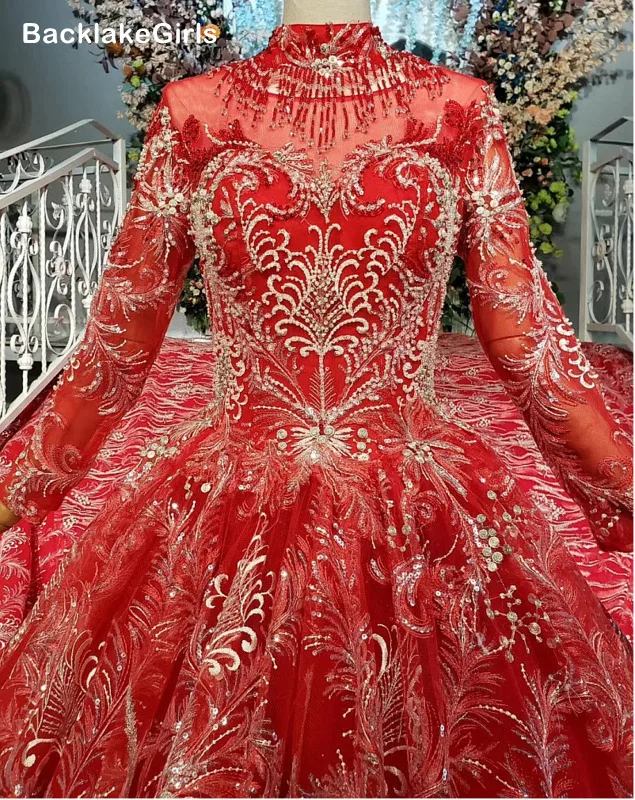 2020 Белое кружево из аппликаций красное свадебное платье Милая шея полный рукав