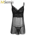 Сексуальное нижнее белье, мужское Эротическое нижнее белье, прозрачная Пижама прозрачное Сетчатое мини-платье + стринги, сексуальные гей-сорочки, ночная рубашка