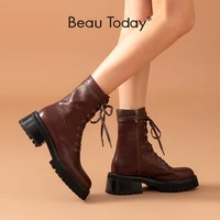 beautoday motorcycle boots women calfskin leather zip lace up round toe ankle length fashion lady platform shoes handmade 02346
