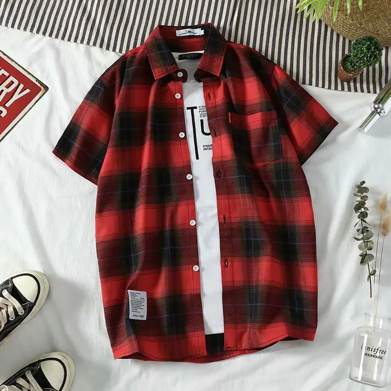 

Men's 100% Cotton Casual Plaid Shirts Pocket Short Sleeve Slim Fit Comfortable Brushed Flannel Shirt Leisure Styles Tops Shirt