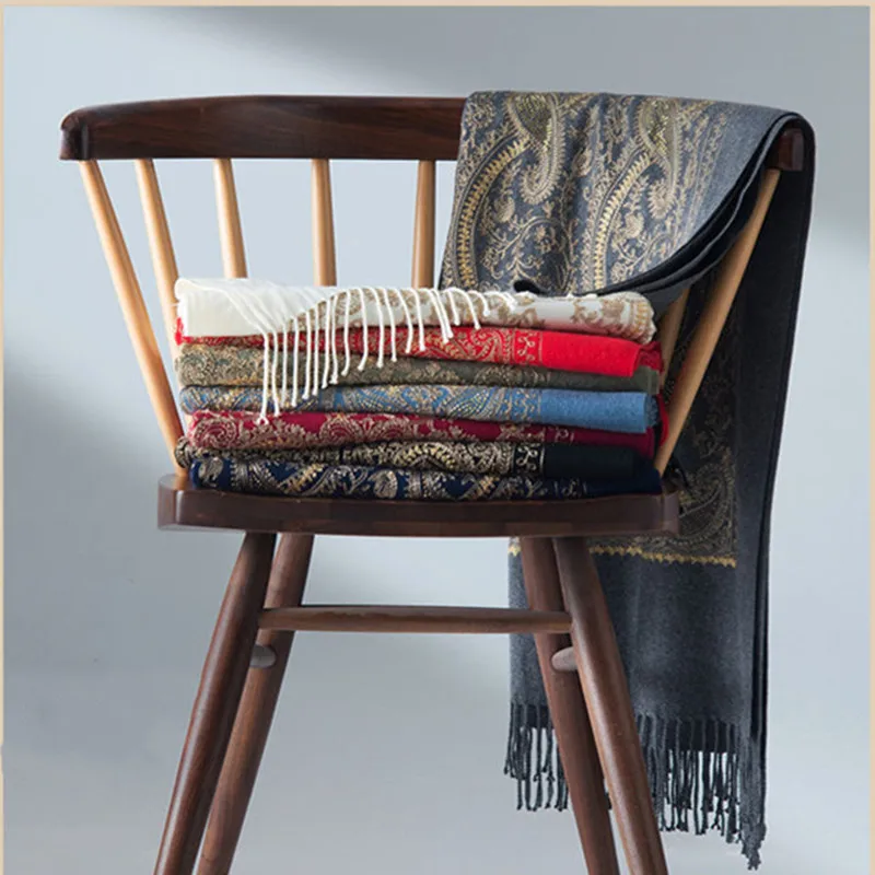 

Hand-Embroidered Scarf Women Winter Cashmere Thick Double-Sided Warm Shawl Long 200X70 CM