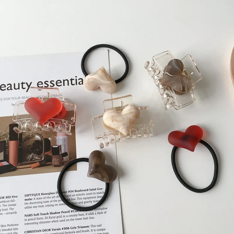 

2021 Woman Geometric Transparent Hair Claws Heart Hairpins Hair Ties Girls Sweet Hair Clips Elastic Hairband Hair Accessories