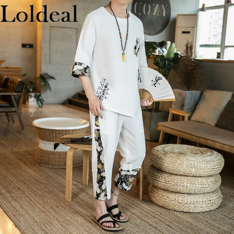 

Loldeal Chinese Style Short-sleeved T-shirt Set Men's Round Neck Stitching Cotton Pullover + Cropped Pants