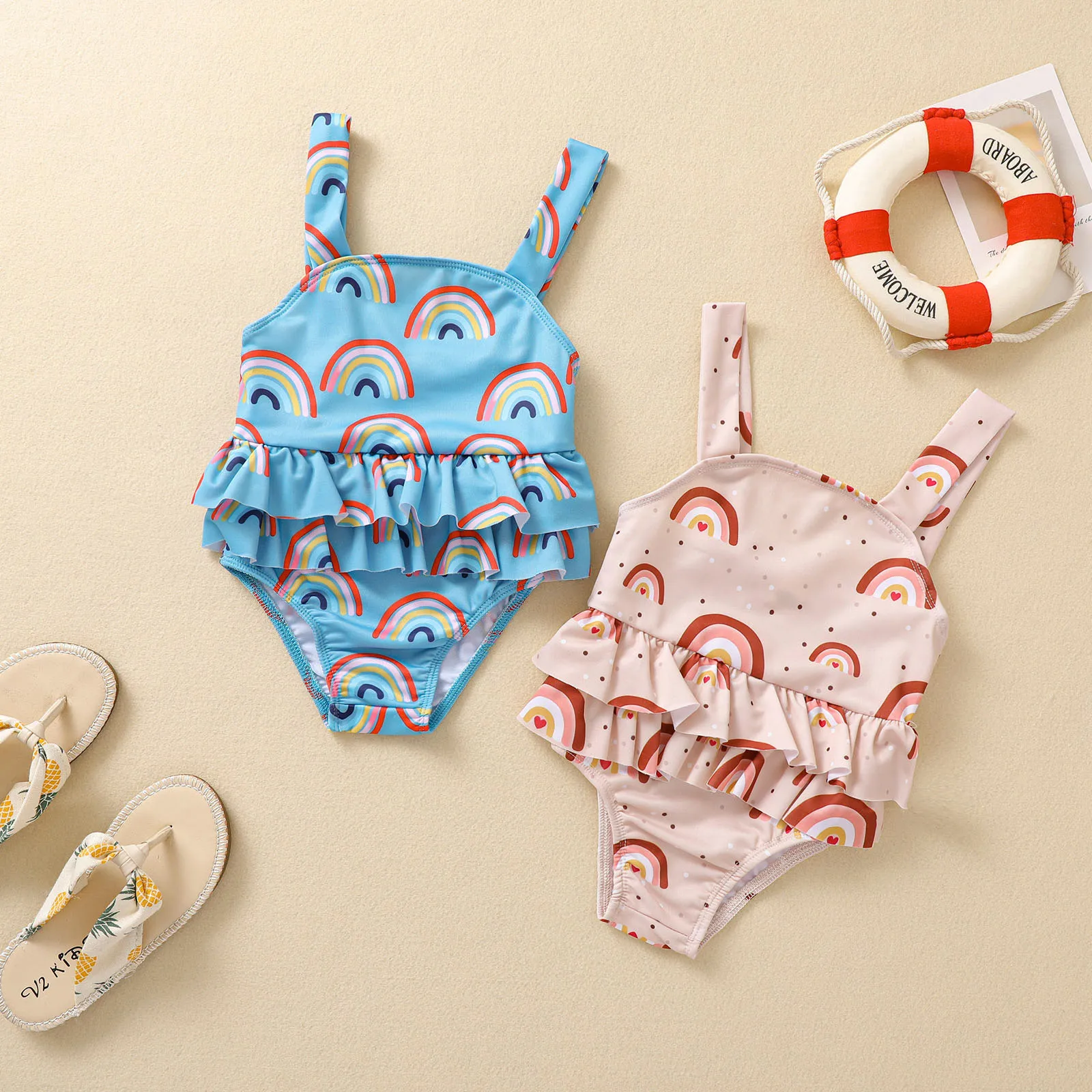 Новинка 2021 Цельный купальник для маленьких девочек с радужным принтом оборками и