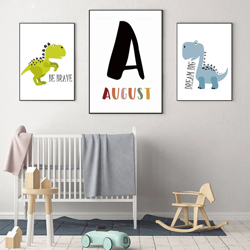 Динозавр животных печати пользовательское имя Wall Art Холст плакат для детской