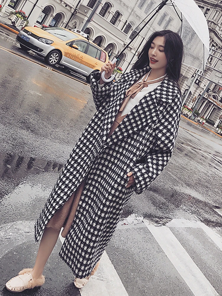 Новое осенне-зимнее элегантное шерстяное пальто с рисунком гусиные лапки