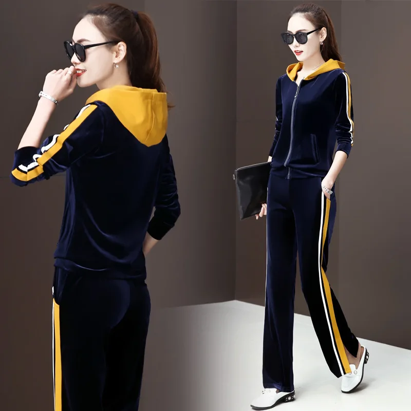 Leisure Velvet Women's 2 Pieces Outfits Zipper Hooded Tops and Spilt Sweat Pants Tracksuit Set Female Sportwear M-3XL |
