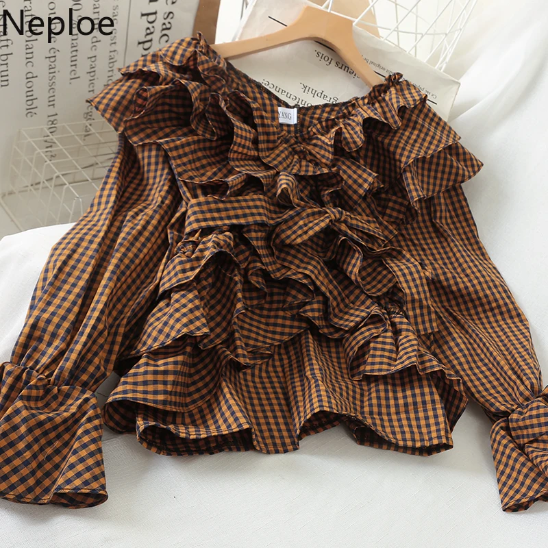 Neploe Ретро стиль элегантная клетчатая блузка с оборками v образный вырез