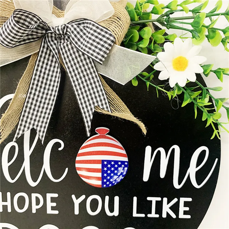 

Wooden Doorplate Letter Print Round Ornament with Artificial Flowers and Bowknot for Door Wall