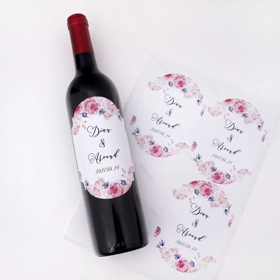 

20pcs/Lot Pink Flowers Style Personalized Wine Bottle Sticker Party Favor Custom Newlywed Anniversary Date Labels