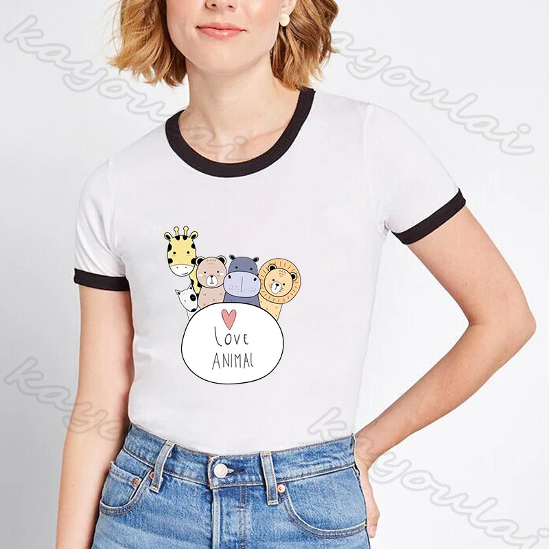 Kawaii женская футболка японский Стиль животных жирафа медведя лев собака Бегемот