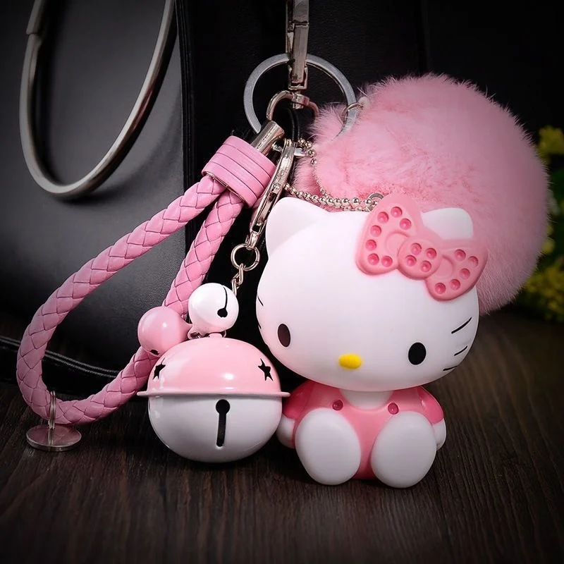 KT Kittyed Cat Keychain Lucky Helloed Leather Rope Car Key Charm Cartoon Anime Fluffy Rabbit Fur Pom Bag Key Chain Ring Holder