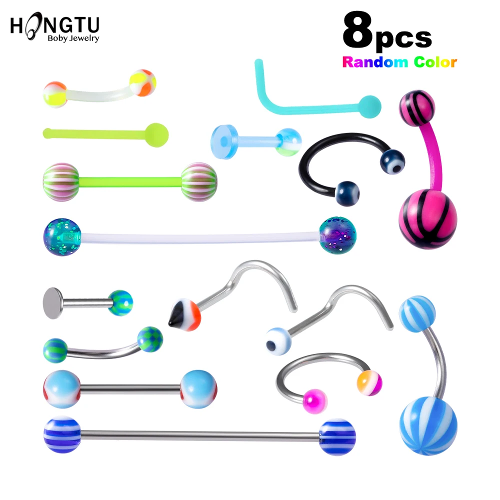 8 шт Разноцветные набор для пирсинга акриловые Сталь нос кольцо пупка губ Бар в