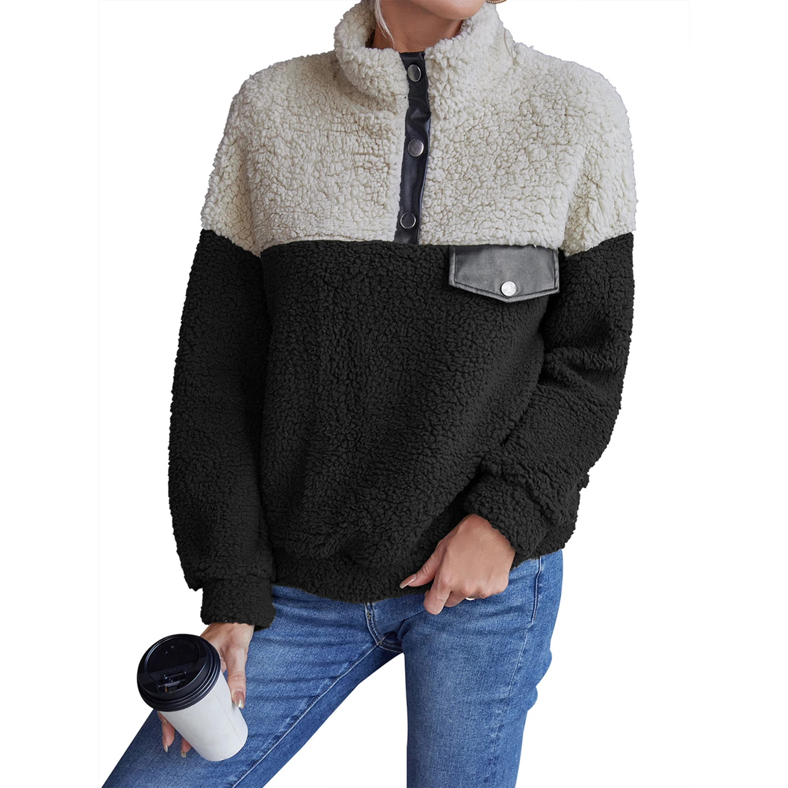 

IMCUTE 2021 Winter Lamb Velvet Padded Warm Sweater Ladies High Neck Long Sleeve PU Stitching Pullover Street Slim Sweatshirt