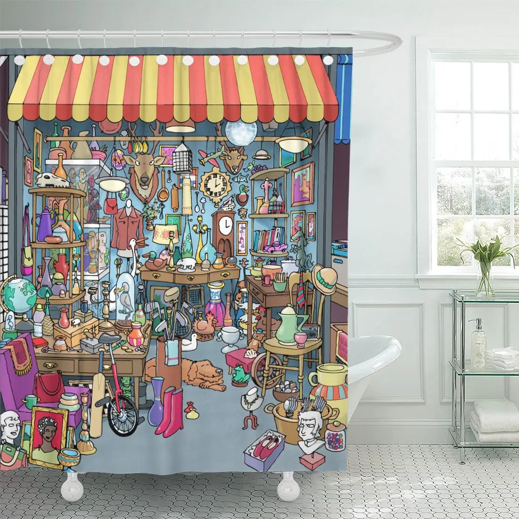 Антикварная стойка для блошиного рынка в мультяшном стиле душевая занавеска из