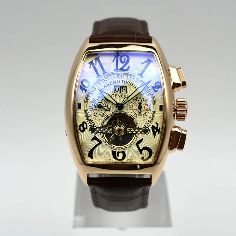 7 CASENO бренд Роскошный кожаный ремешок tourbillon Мужские механические часы дропшиппинг день Дата Скелет Мужские часы с автоматическим подзаводом подарки - Цвет: 7