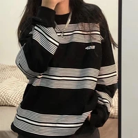 calelinka 2021 autumn oversized striped cotton sweatshirts for women crewneck street style y2k pullover kpop casual baggy tops