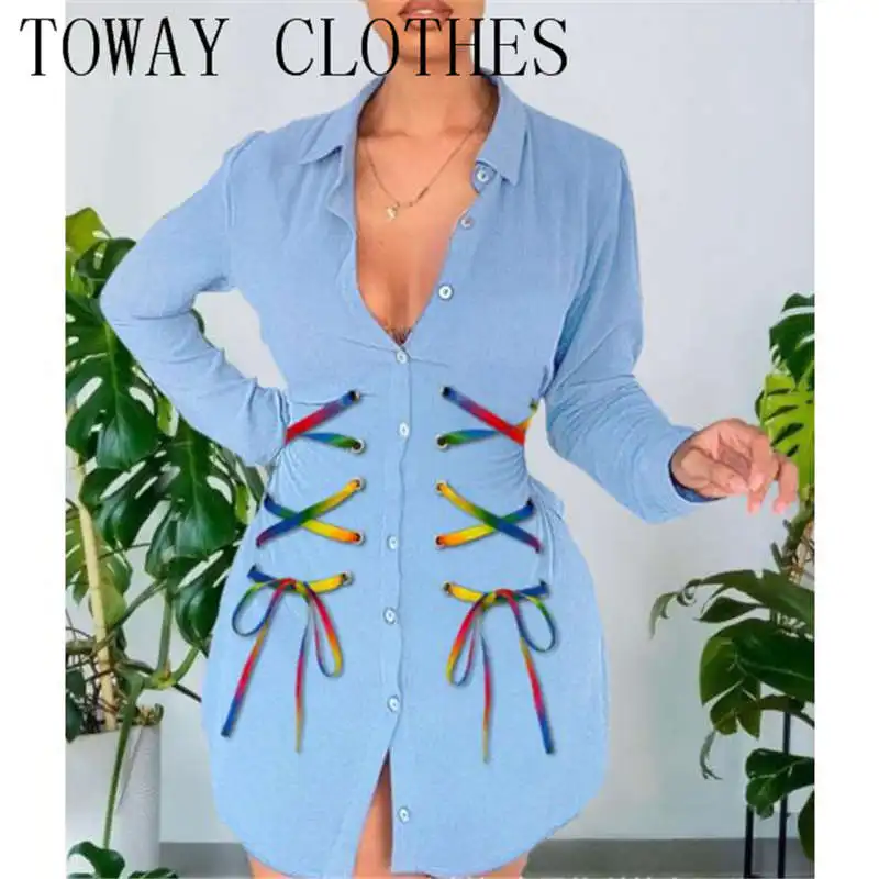 

Grommet Eyelet Rainbow Lace-Up Button Front Shirt Dress 2021 Women's Shirt Dress Streetwear
