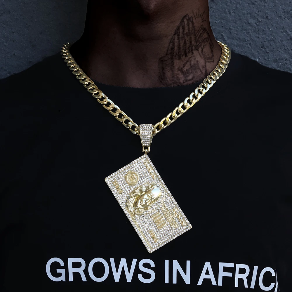 

Dollars Franklin Head Pendant Iced Out Shining Crystal Neckalce Charm Cuba's Necklace Men Hip Hop Jewelry