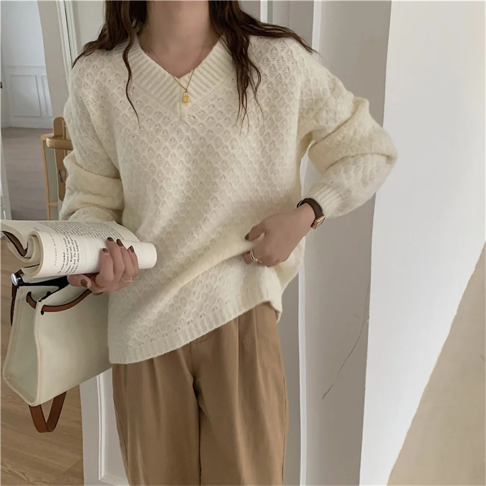 

동pullover Pullover пуловер с v-образным вырезом нежный женский свитер утолщенный вязаный стильный 2021 OL осень Стиль Ленивый шик Повседневная новая в...