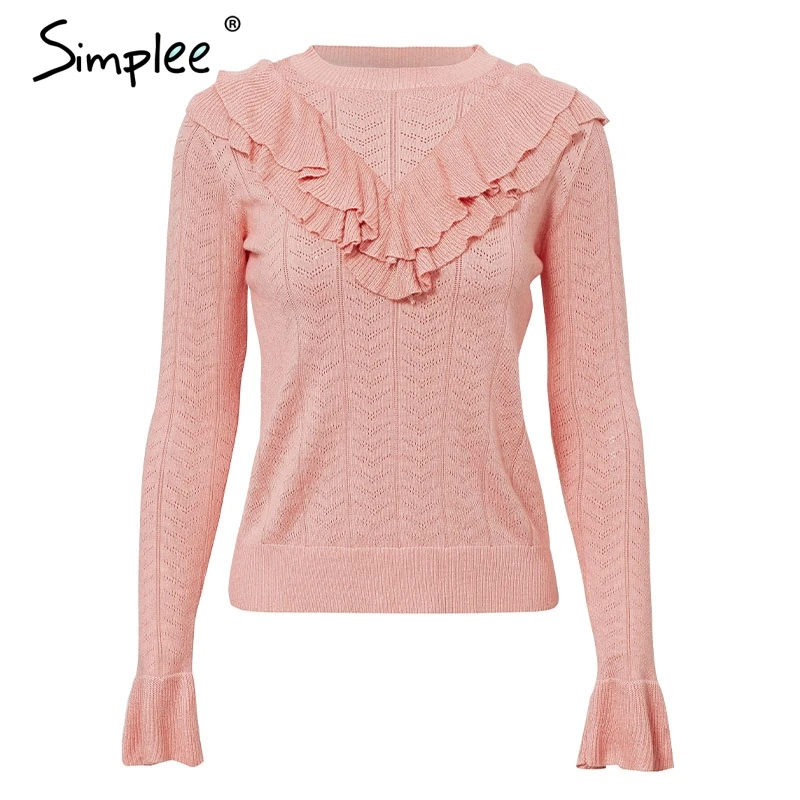 Женский вязаный свитер Simplee с рюшами полый облегающий пуловер круглым вырезом