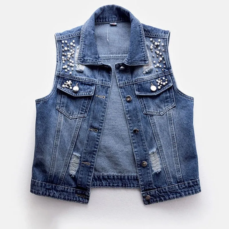  Sleeveless Women Vest 2021 New Summer Denim Waistcoat Fashion Casual Short Jeans Jacket Beaded Holes Slim Jeans Coat