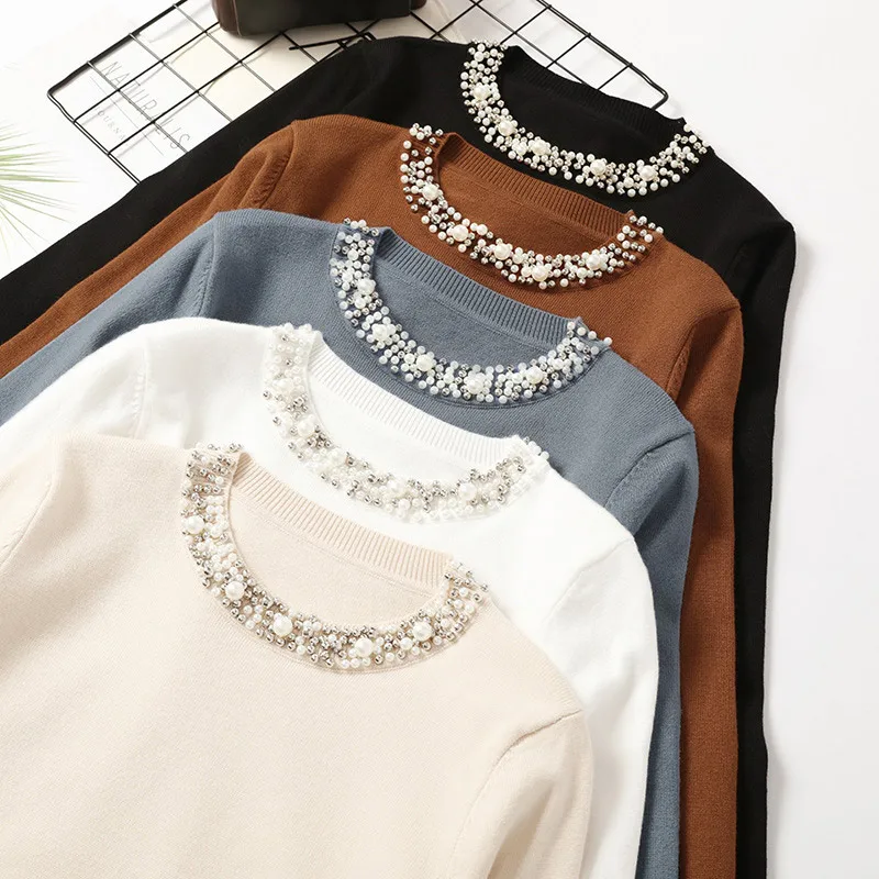 

Autumn Beadings Women's Sweater Pullover O-Neck Long Sleeve Solid Office Lady Female Jumper 2021 Winter Khaki Ladies Sweaters