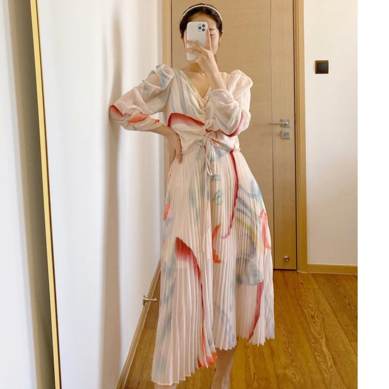 

V-neck rainbow pleated Custom Printed Dress