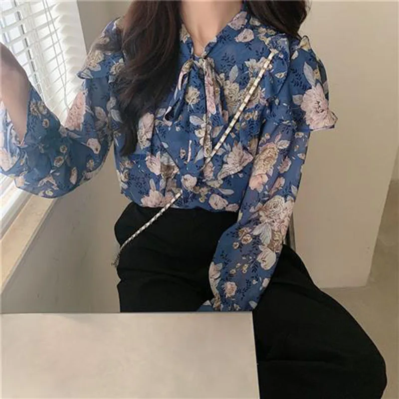 

Autumn New Vintage Bow Print Women's Shirts Oversized Office Lady Classic Loose Tops V-Neck Long Sleeve Elegant Female Blouses