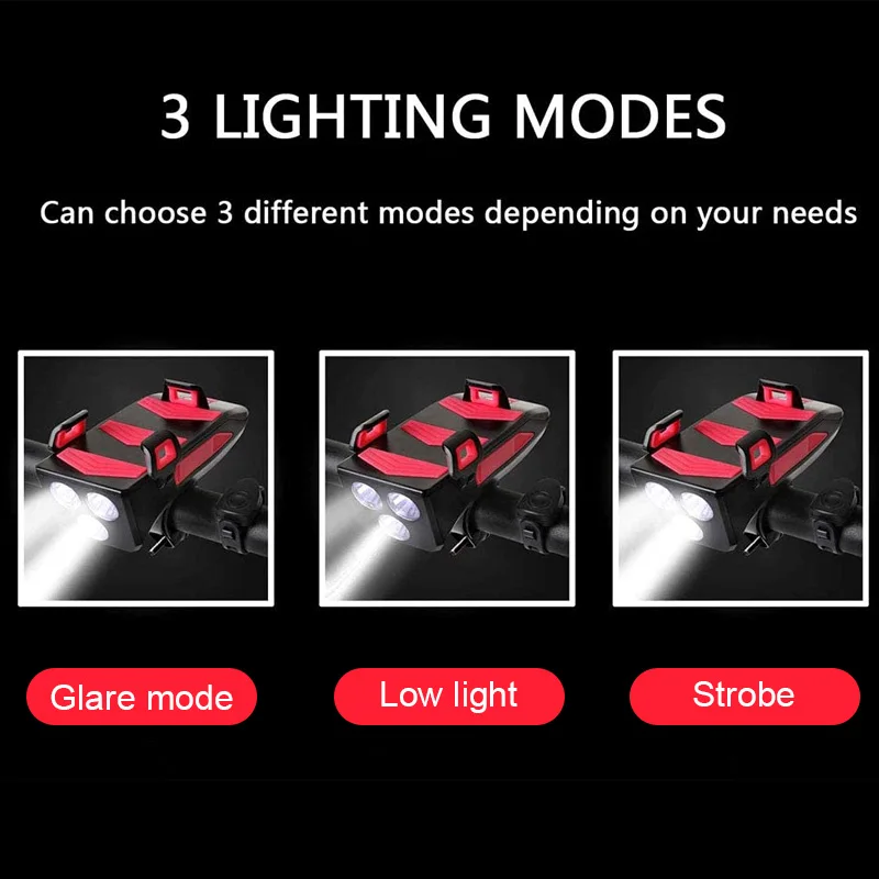 

4 in 1 Bicycle Light USB Rechargeable Front Lights T6 LED MTB Bike Horn Lamp Phone Holder Power Bank Cycling Headlight 3 Modes