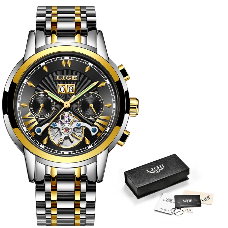 LIGE мужские s часы Топ люксовый бренд Tourbillon автоматические механические часы мужские водонепроницаемые часы со скелетом Montre Homme+ коробка