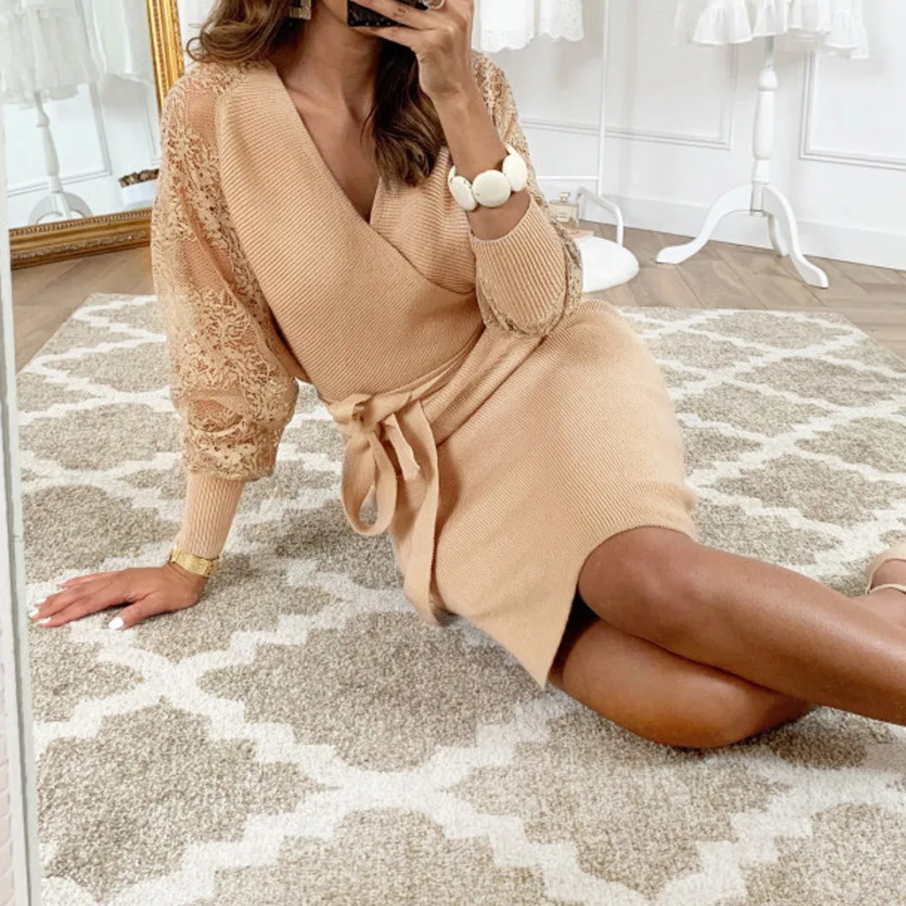 Зимнее Платье 2019 женское сексуальное кружевное с длинным рукавом повседневное