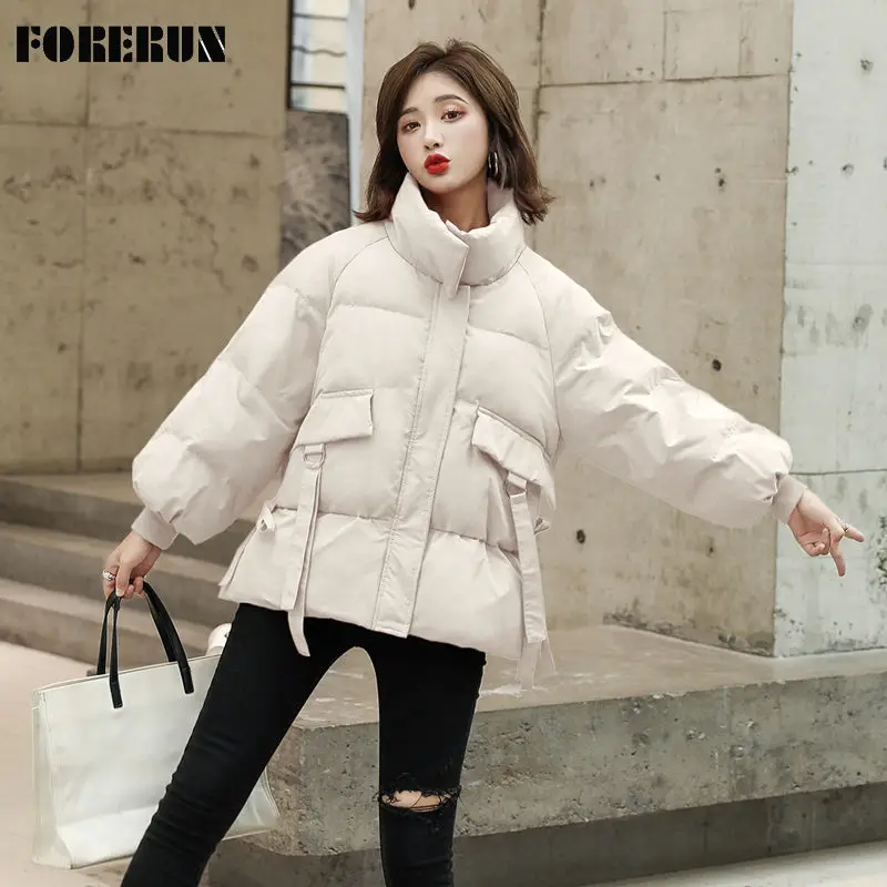 

FORERUN Winter Jacket Women Oversized Cotton Padded Puffer Bubble Coat Warm Solid Standard Collar Outwear Manteau Femme