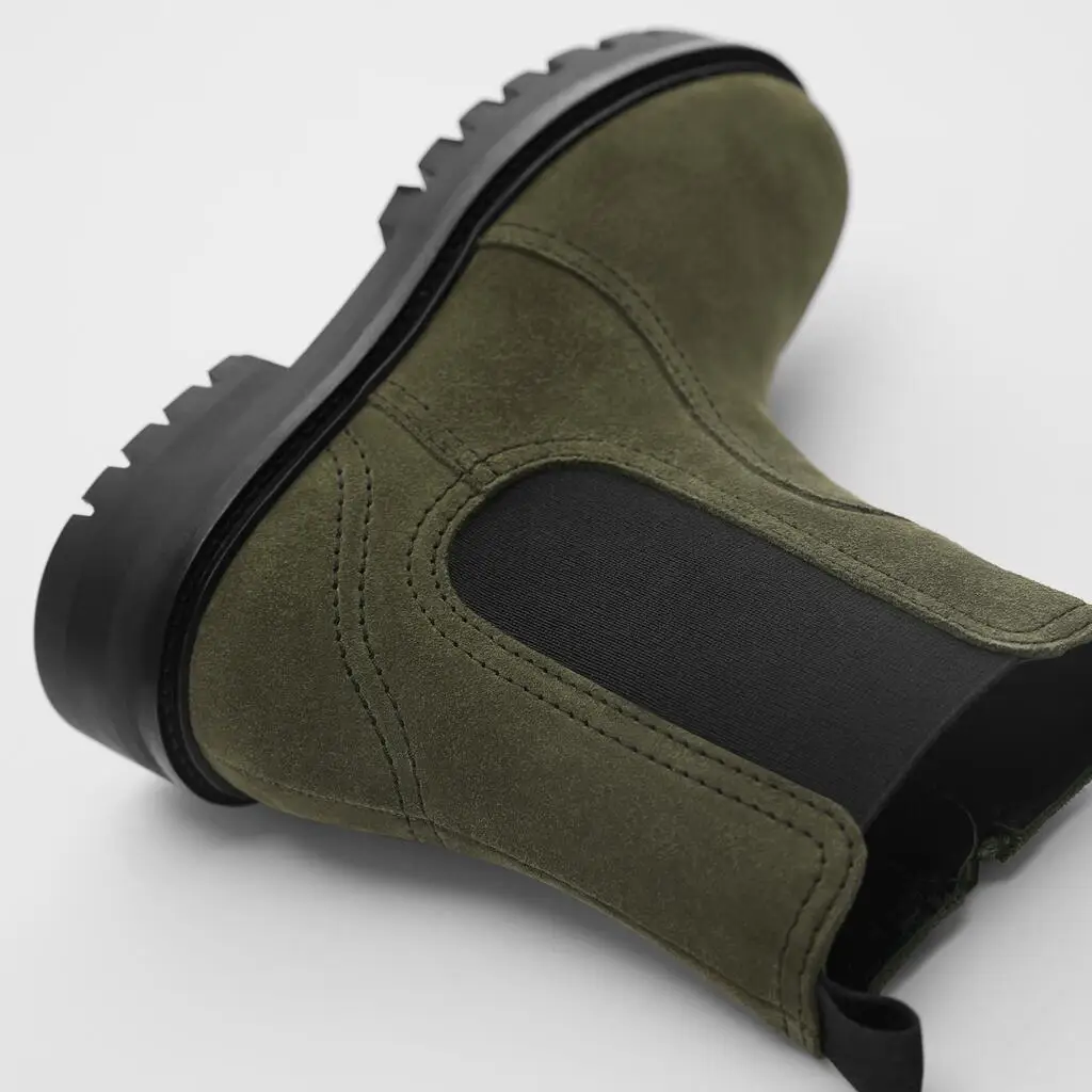 

Green Thick-soled Slip on Woman Chelsea Boots Round Toe Cow Suede Square Heel Med Ankle Boots 2021 New Arrivial Spring Autumn