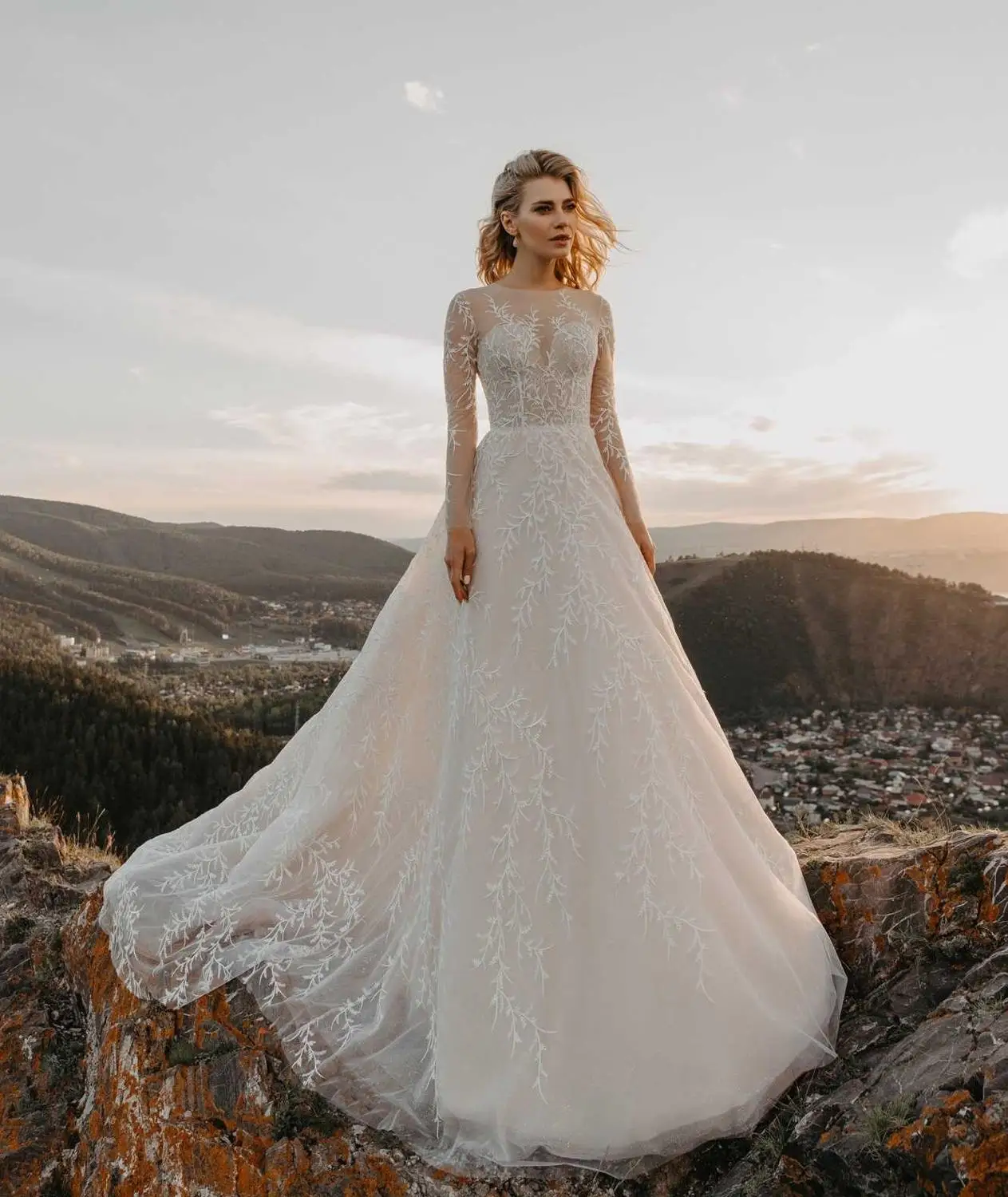 Шикарное кружевное свадебное платье А-силуэт длинный рукав тюль Vestido De Noiva богемные свадебные платья