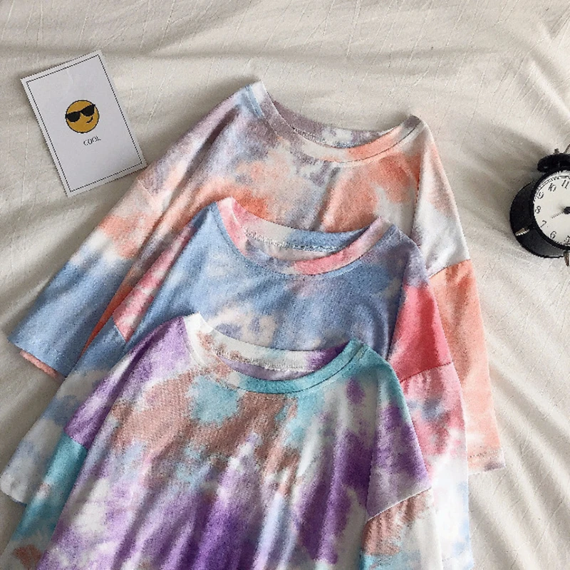 

Women T-shirt Short Sleeve Y2K Tops Korean Loose Casual Tie Dye Students O Neck Thin All Match 2021 Summer Fashion Streetwaer