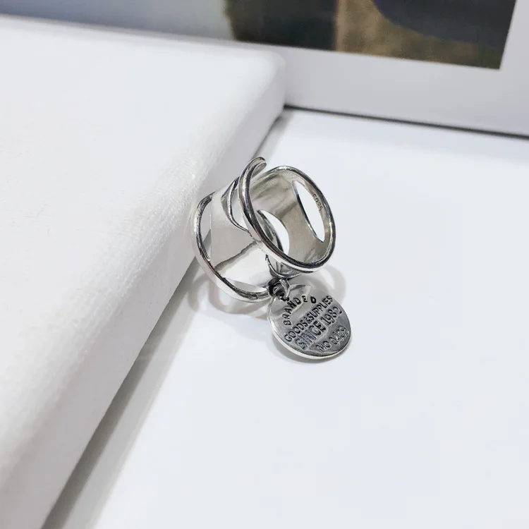 

Korea Cool Exaggeration round Plate Lettered Wide Thai Silver Adjustable Ring Women's S925 Fine Silver Fashion Forefinger