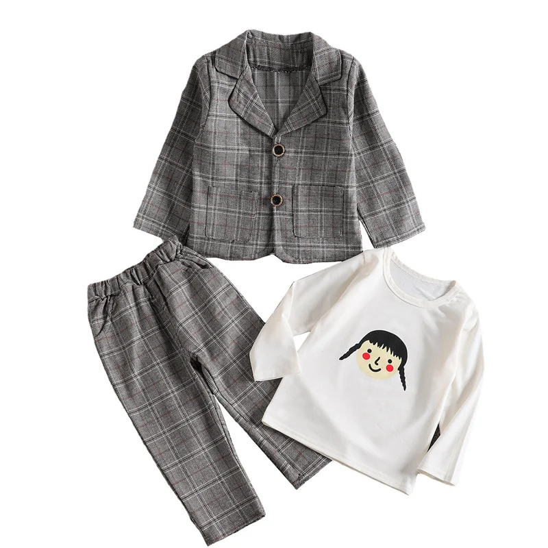 

Spring Toddler Casual Costume Autumn Baby Girls Cartoon Clothes Children Boys Plaid Suit T-Shirt Pants 3Pcs/Sets Kids Sportswear