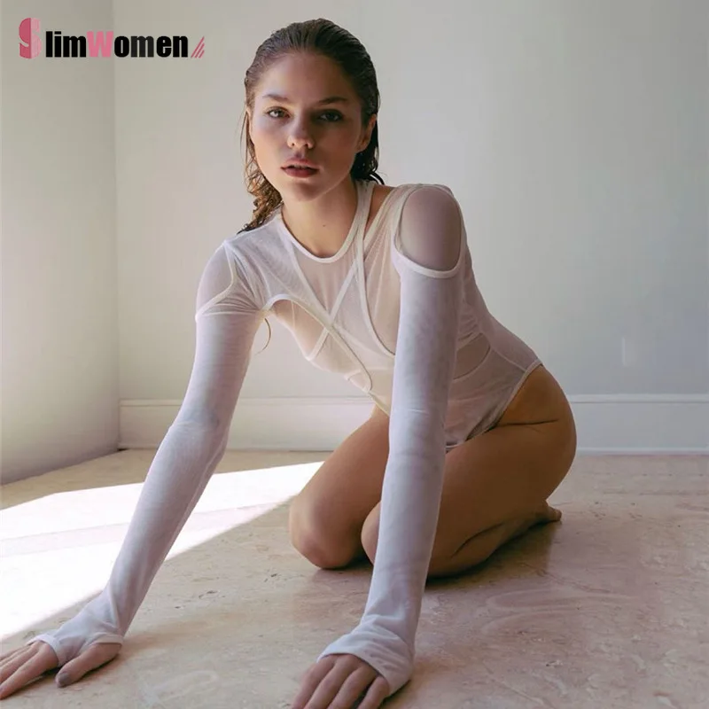 Однотонное Сетчатое Женское боди Y2k сексуальный комбинезон с длинным рукавом и