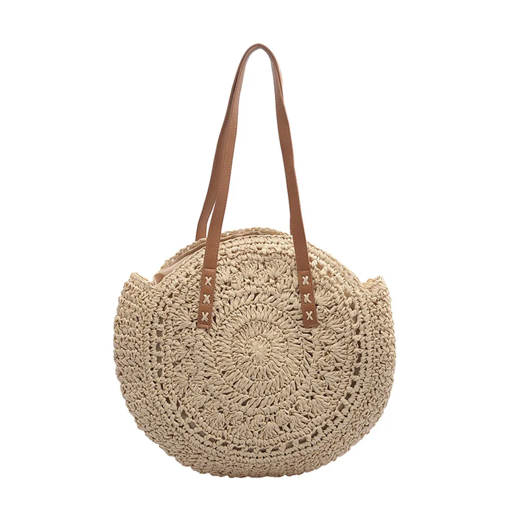 

Casual Rattan Women Shoulder Bags Ladies Circle Straw Handbags Big Capacity Handmade Summer Totes Lady Round Beach Travel Sac