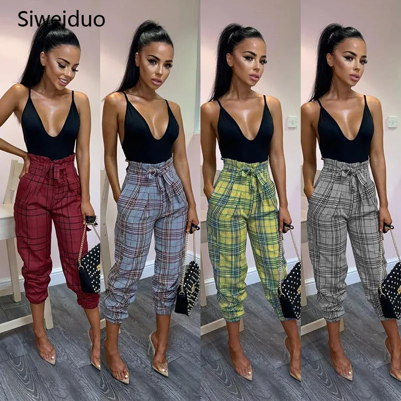 4 цвета уличная одежда высокая талия клетчатые брюки мода 2019 женские с карманами