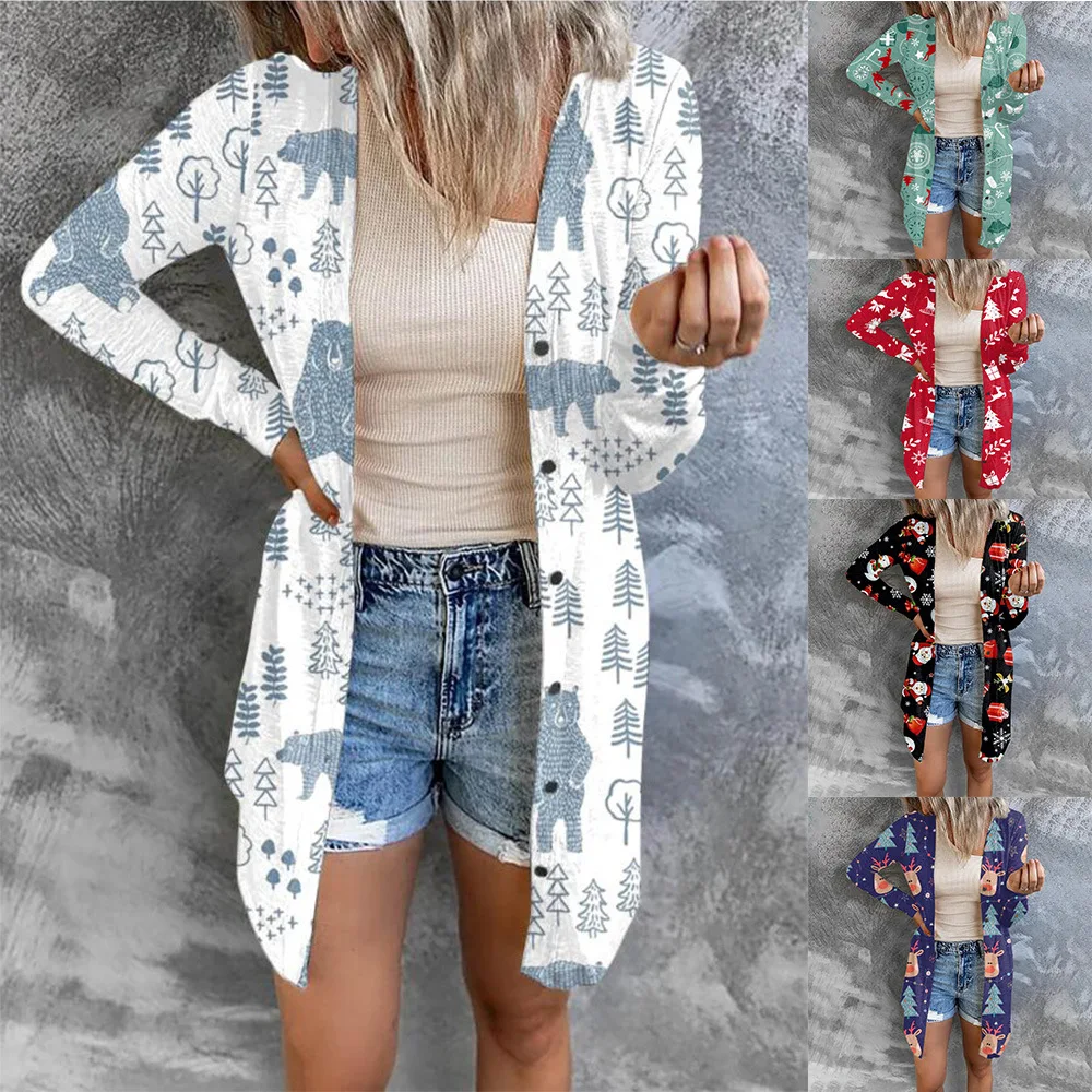 

Christmas theme printed coat small cardigan women's casual loose top women black trench coat streetwear winter clothes women