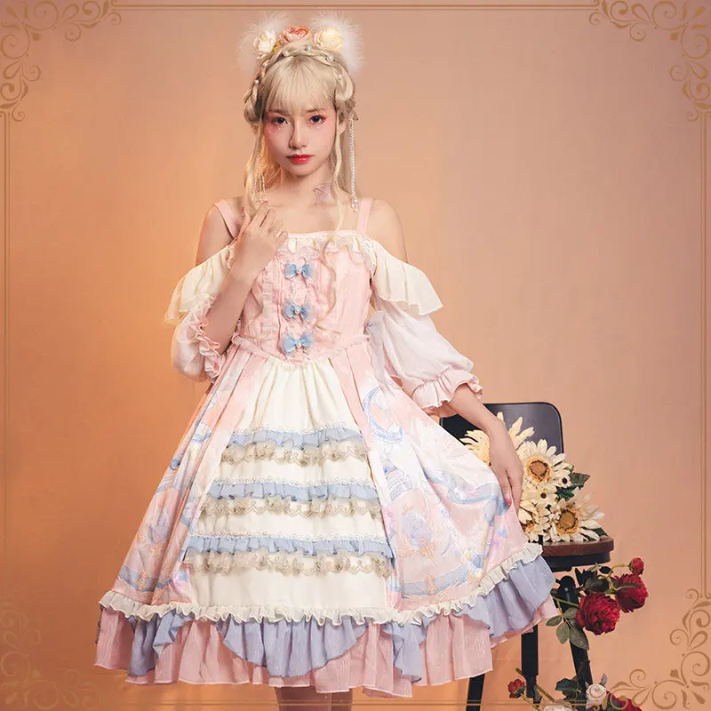 

Princess lolita dress lace bowknot kawaii dress off shoulder victorian dress cute printing kawaii clothing vestido lolita op cos